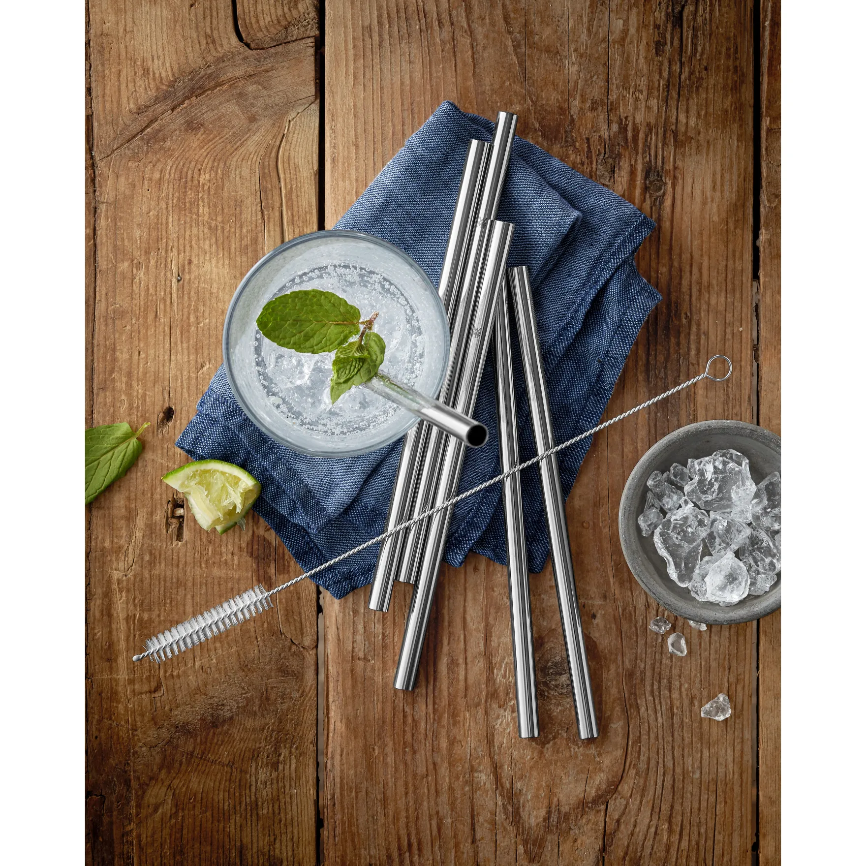 Barzubehör|WMF Baric Trinkhalm-Set Cromargan®, 18 cm, 6-teilig plus mit Reinigungsbürste