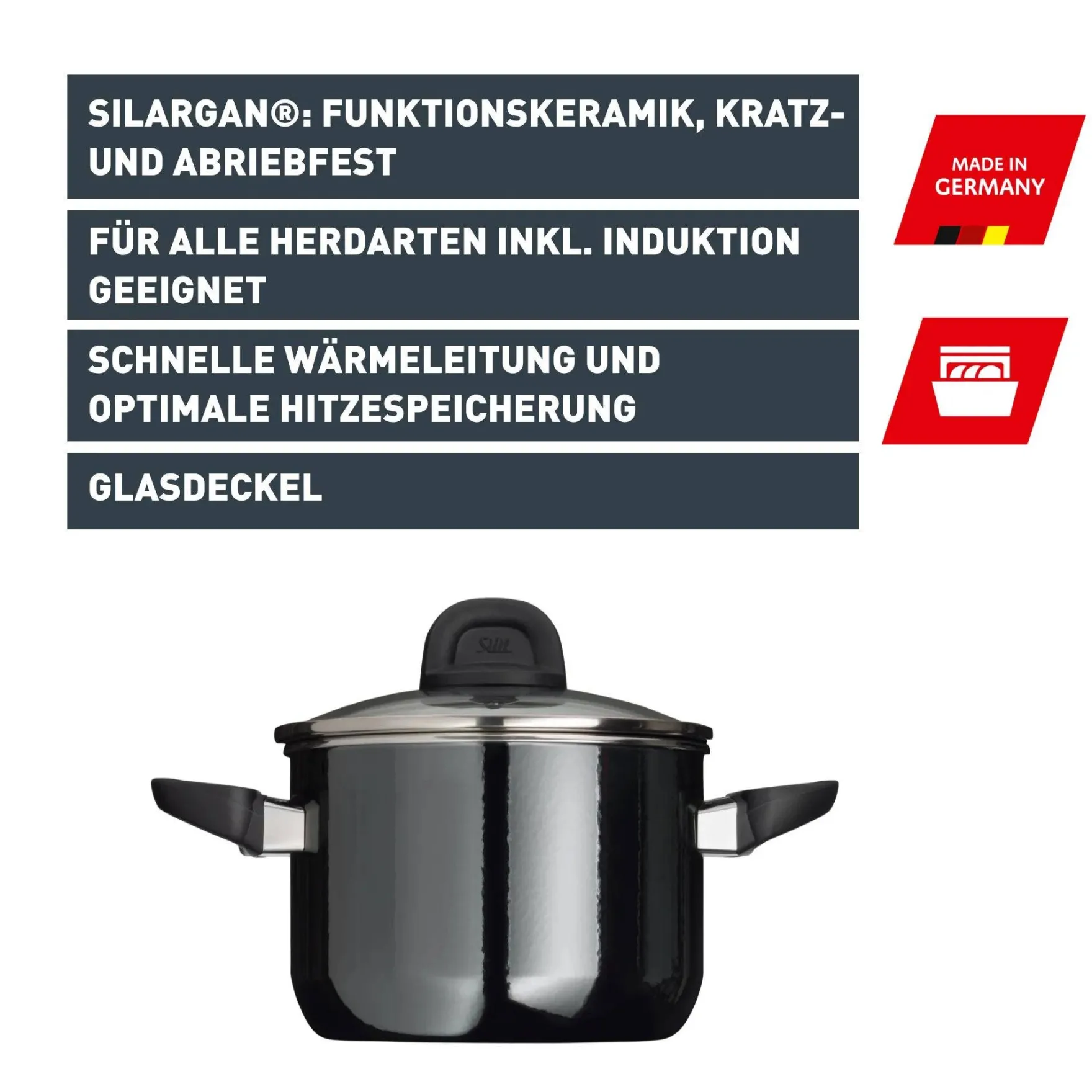 Induktionstöpfe|Kochtöpfe|WMF Silit Silargan® Modesto Kochtopf mit Deckel, 16 cm, Black